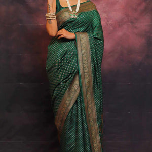 Bottle Green Floral Woven Lichi Banarasi Silk Saree