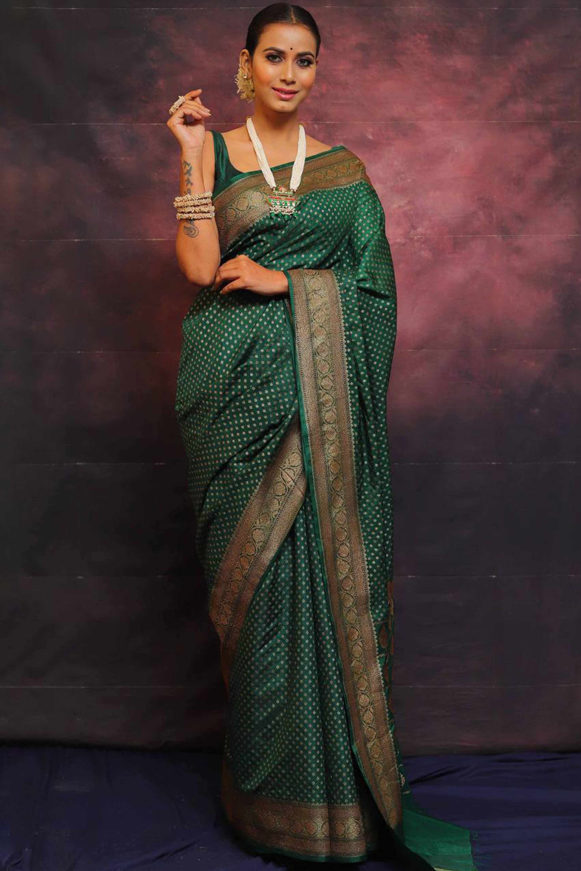 Bottle Green Floral Woven Lichi Banarasi Silk Saree