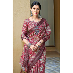 Maroon Abstract Digital Printed Linen Saree