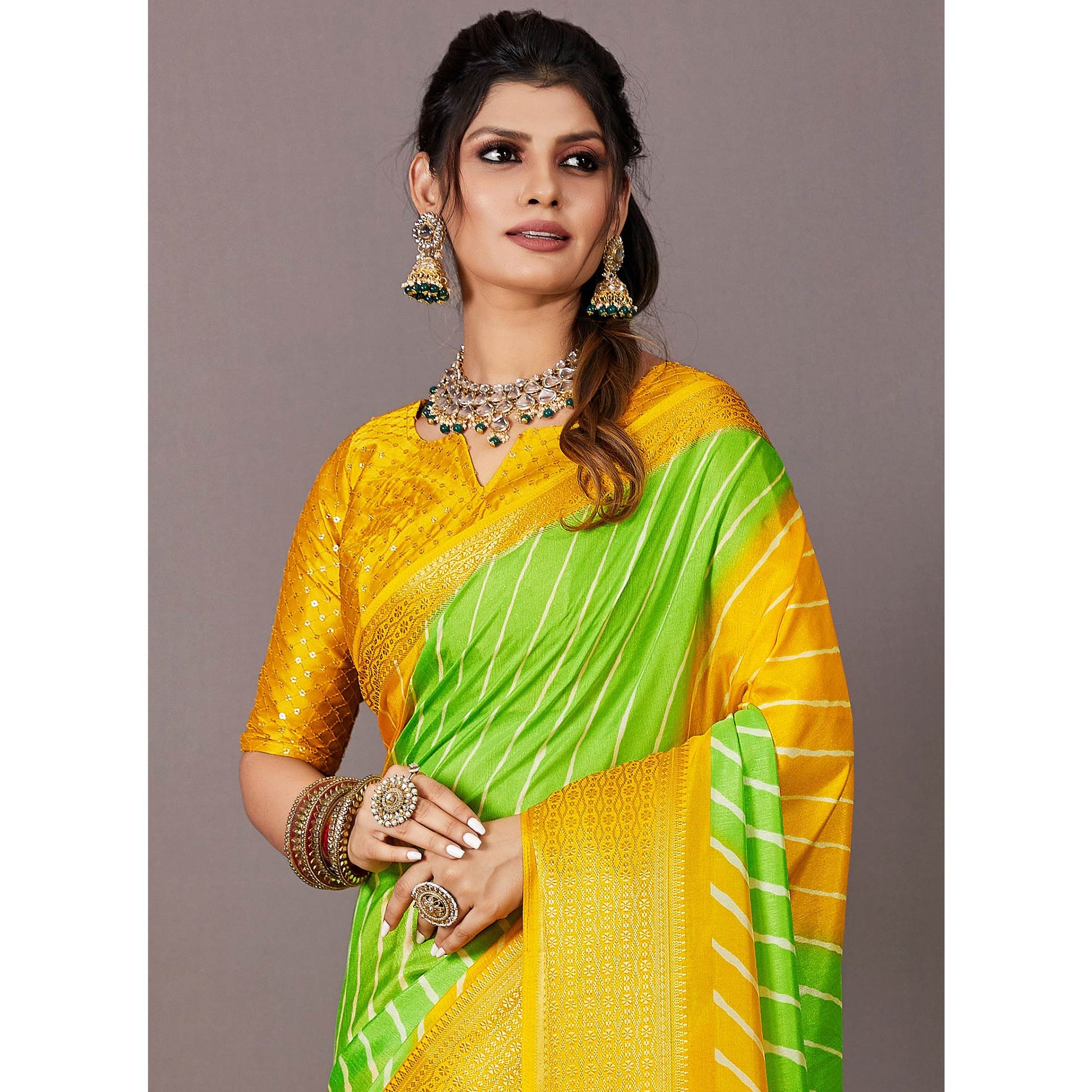 green-yellow-printed-dola-silk-saree-with-zari-border
