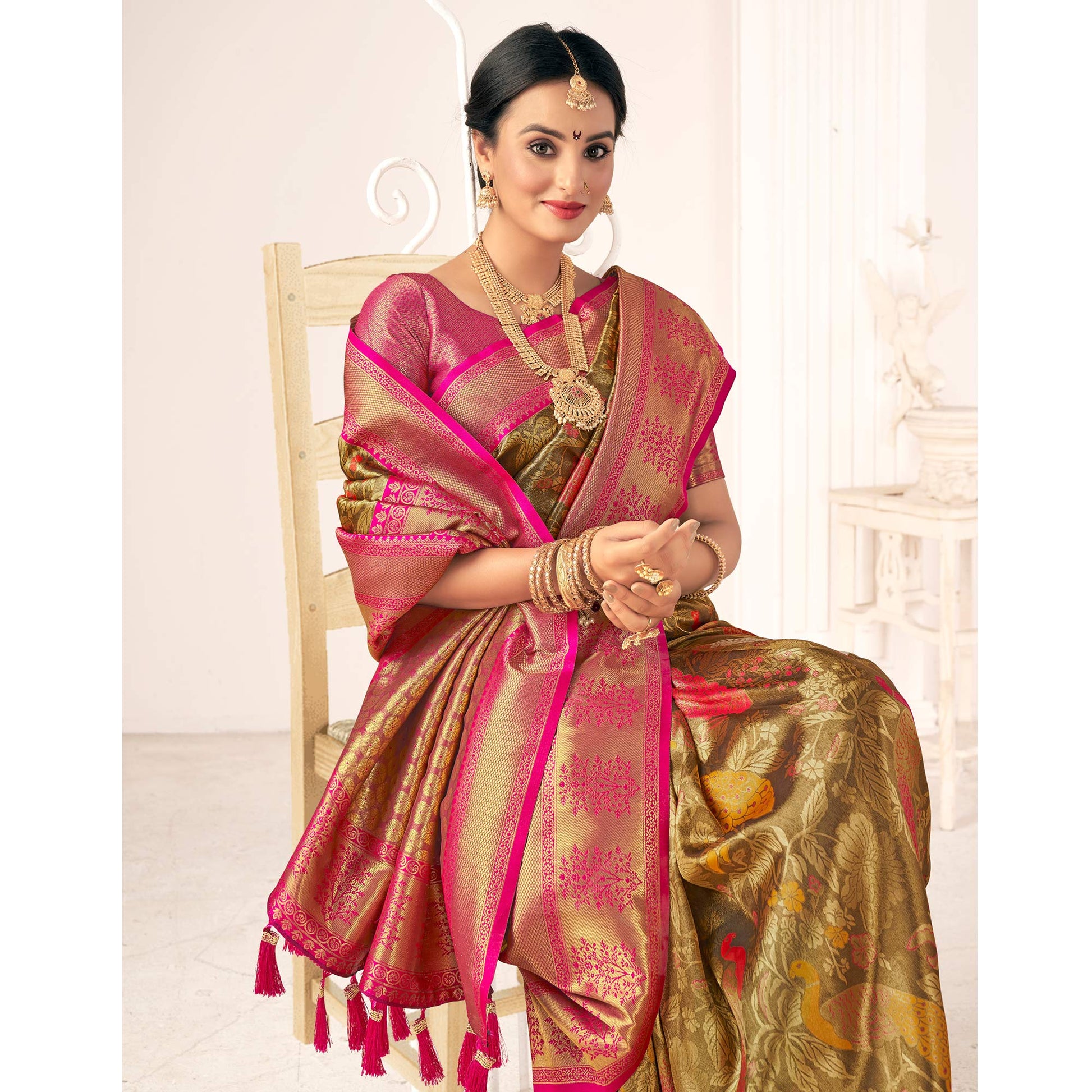 Brown Woven Pure Silk Saree With Tassels