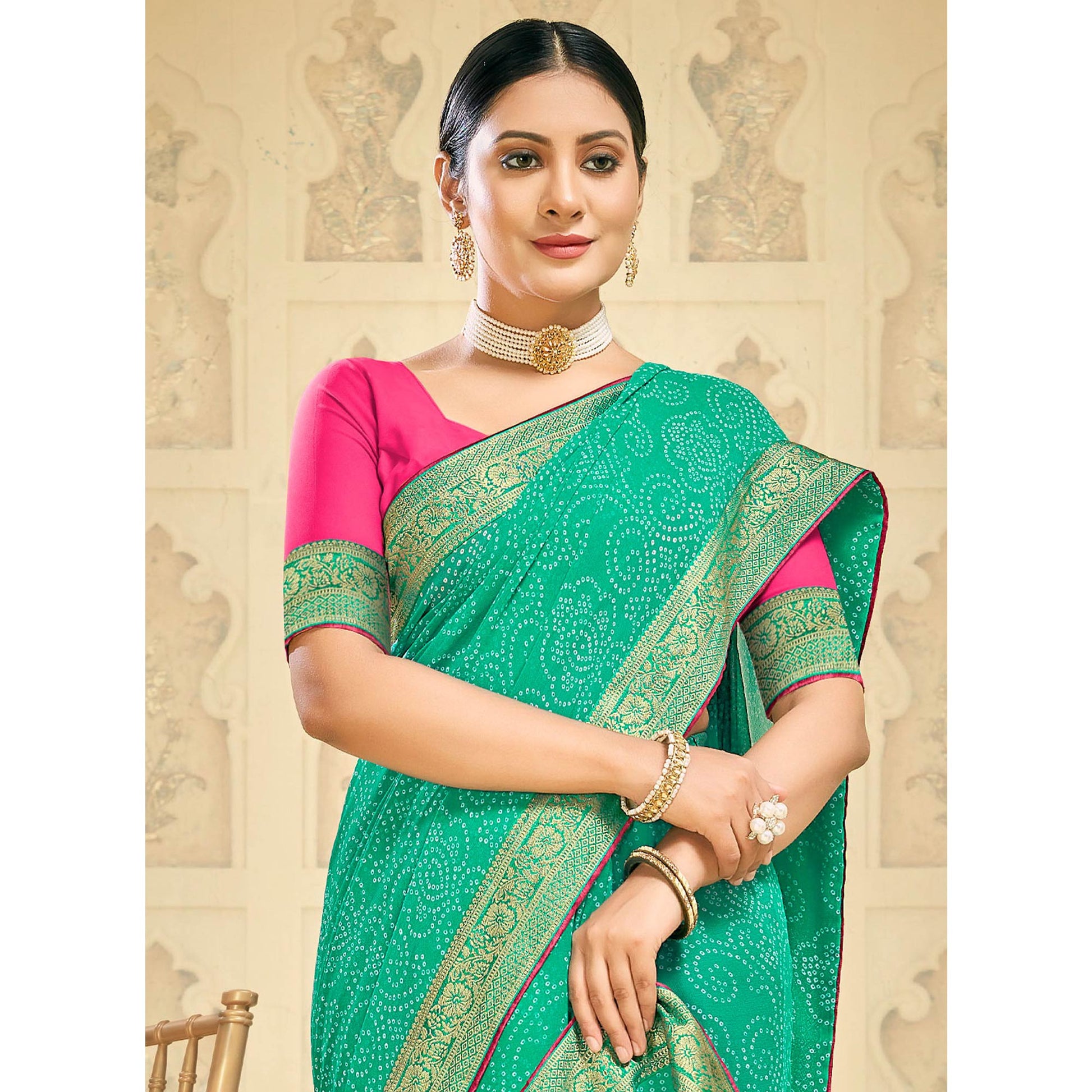 green-bandhani-printed-georgette-saree-1