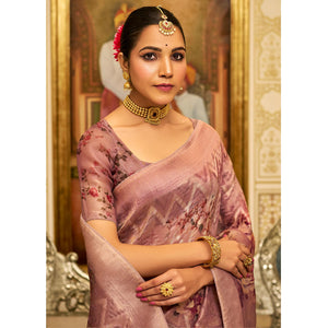 Mauve Floral Digital Printed Tissue Saree With Tassels