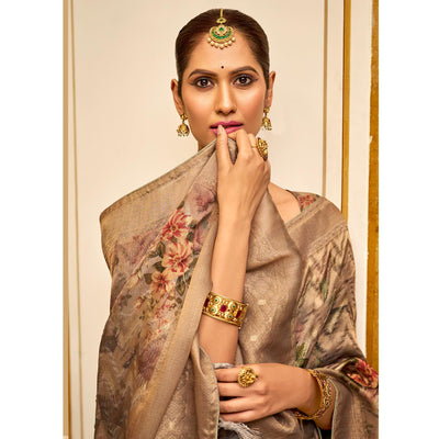 Brown Floral Digital Printed Tissue Saree With Tassels