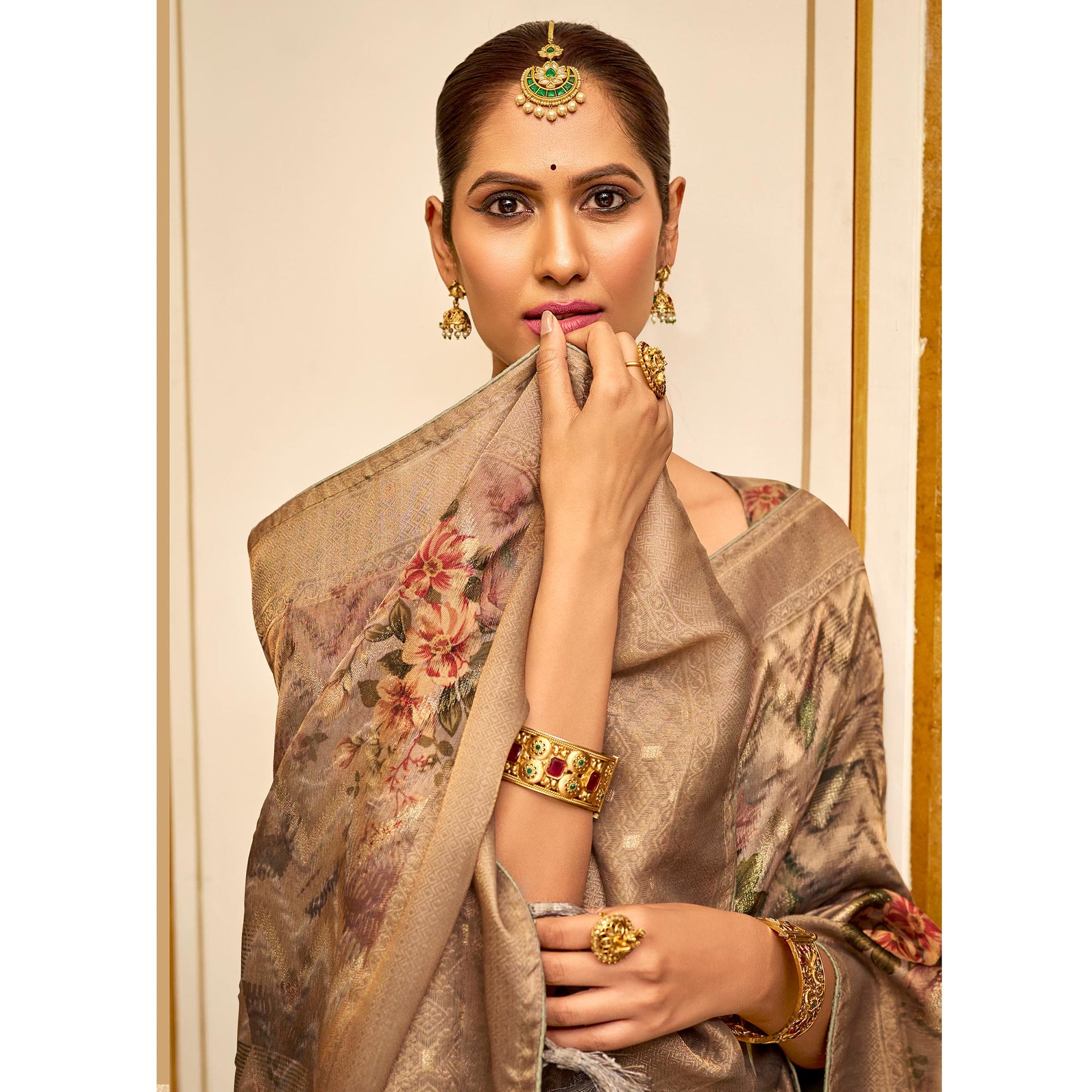 Brown Floral Digital Printed Tissue Saree With Tassels