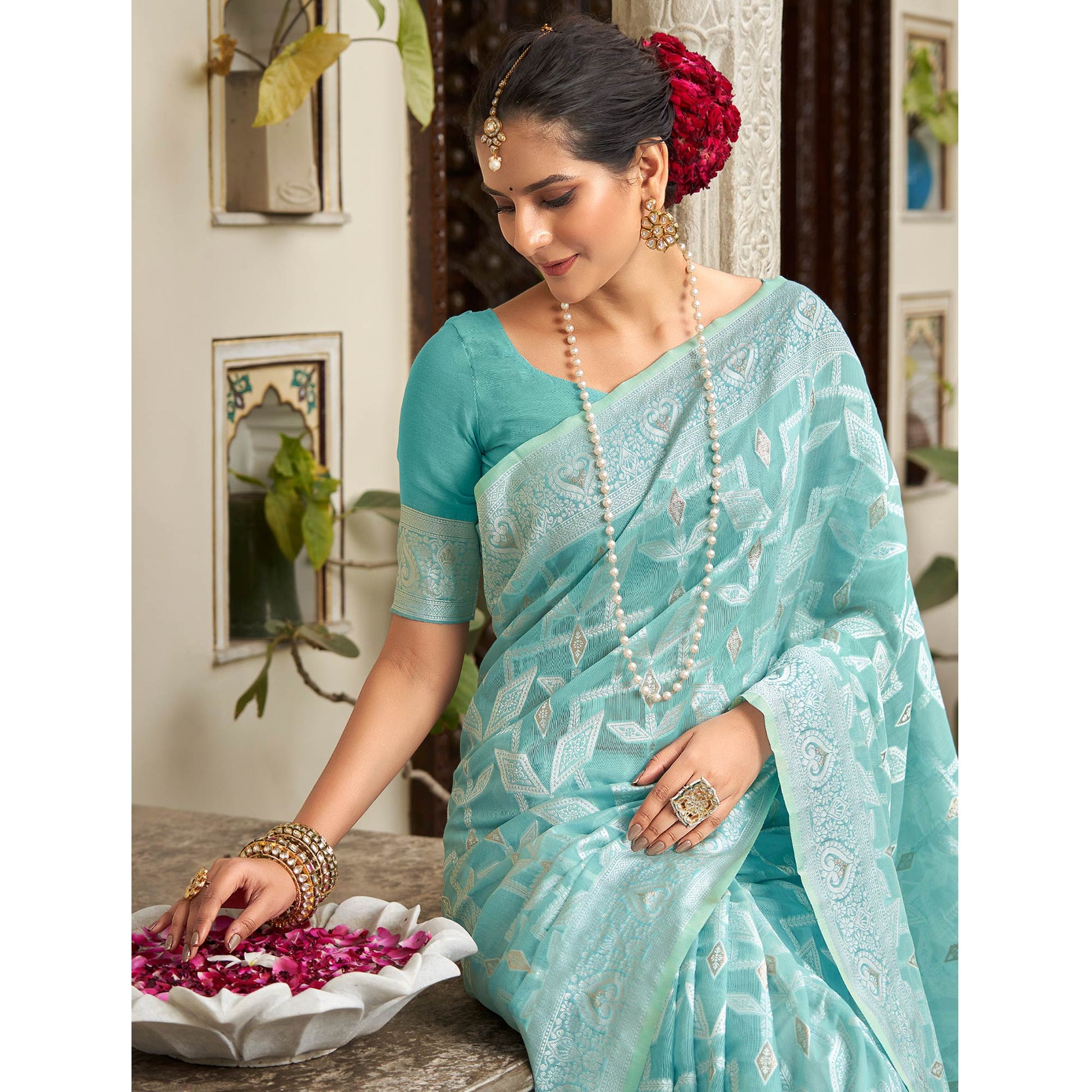 Blue Woven Cotton Silk Saree With Tassels