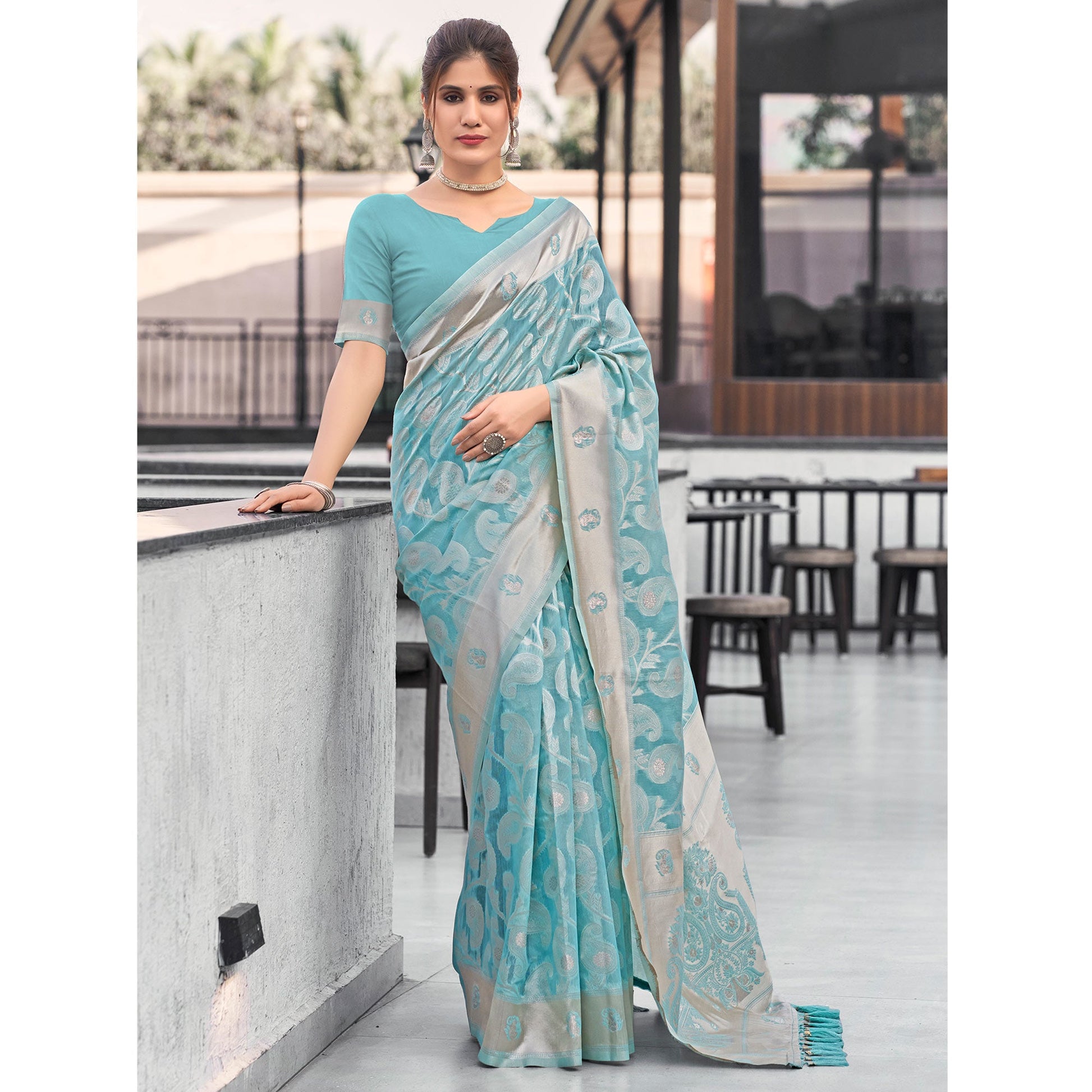 Blue Woven Cotton Silk Saree With Tassels