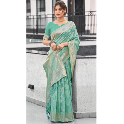 Light Rama Green Woven Cotton Silk Saree With Tassels