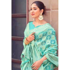 Blue Woven Cotton Silk Saree With Tassels