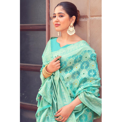 Blue Woven Cotton Silk Saree With Tassels