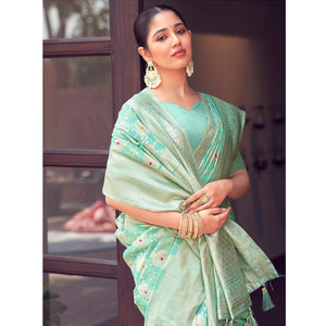 Light Rama Green Woven Cotton Silk Saree With Tassels
