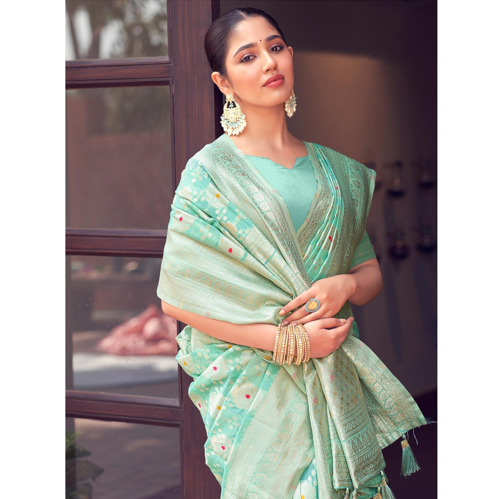 Light Rama Green Woven Cotton Silk Saree With Tassels