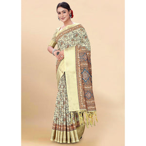 Light Yellow Floral Digital Printed Pure Cotton Saree