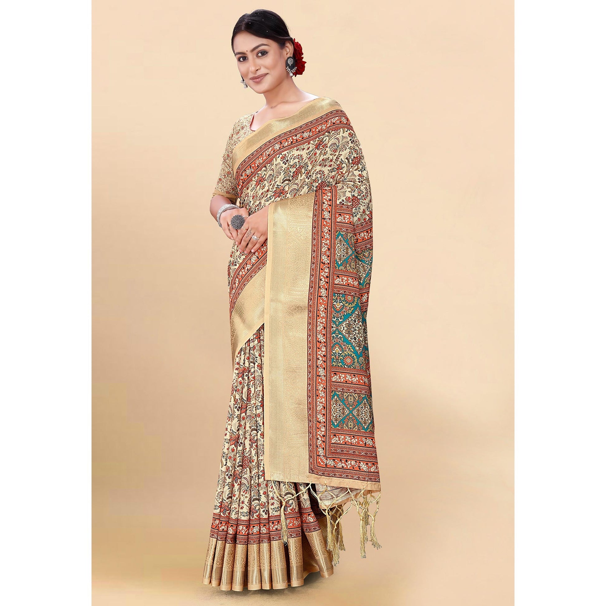 Cream Floral Digital Printed Pure Cotton Saree