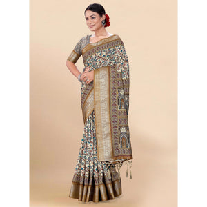 Cream Floral Digital Printed Pure Cotton Saree