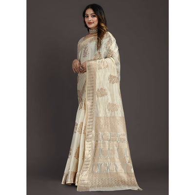 Cream Floral Woven Raw Silk Saree