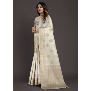 Cream Floral Woven Raw Silk Saree