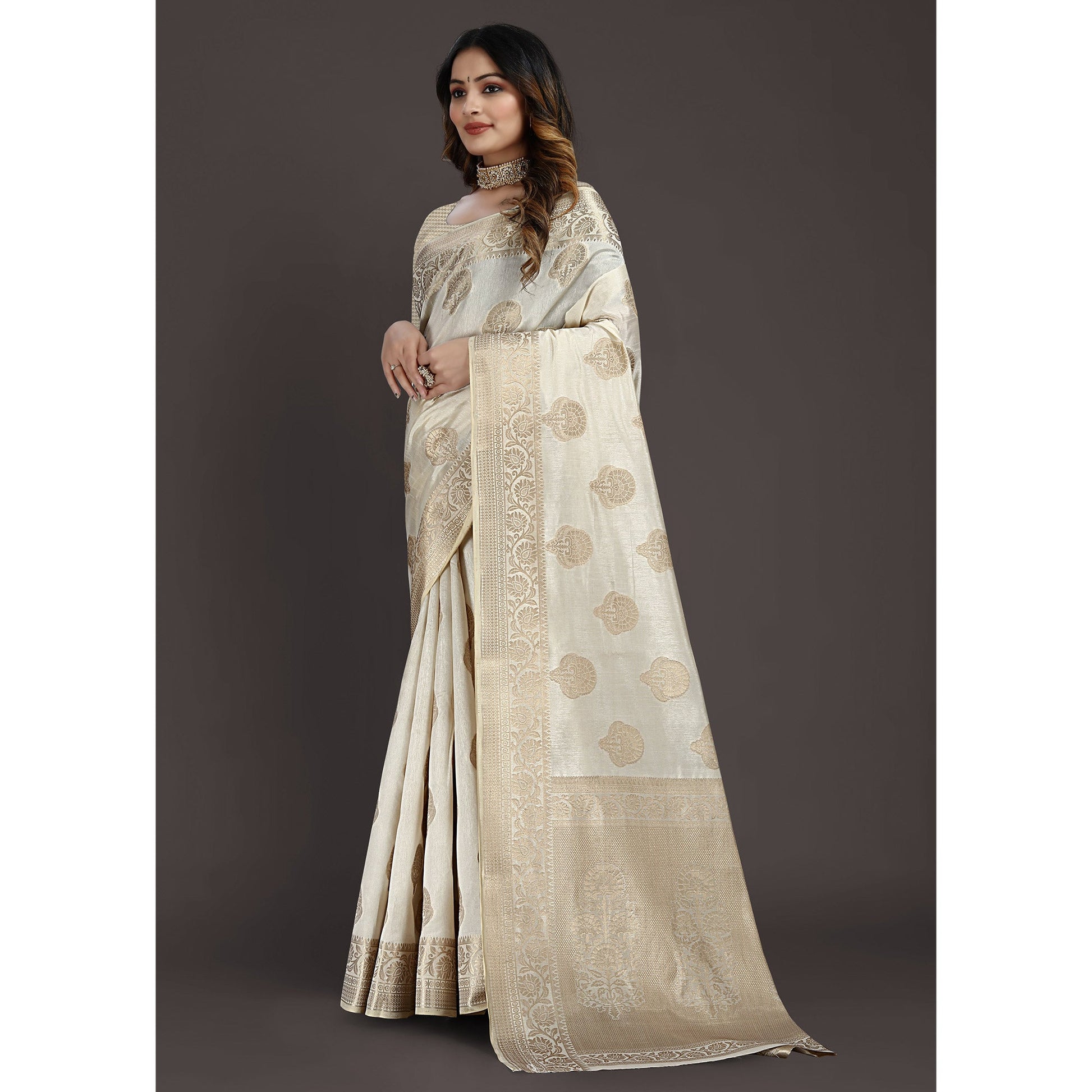 Cream Floral Woven Raw Silk Saree