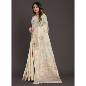 Cream Floral Woven Raw Silk Saree