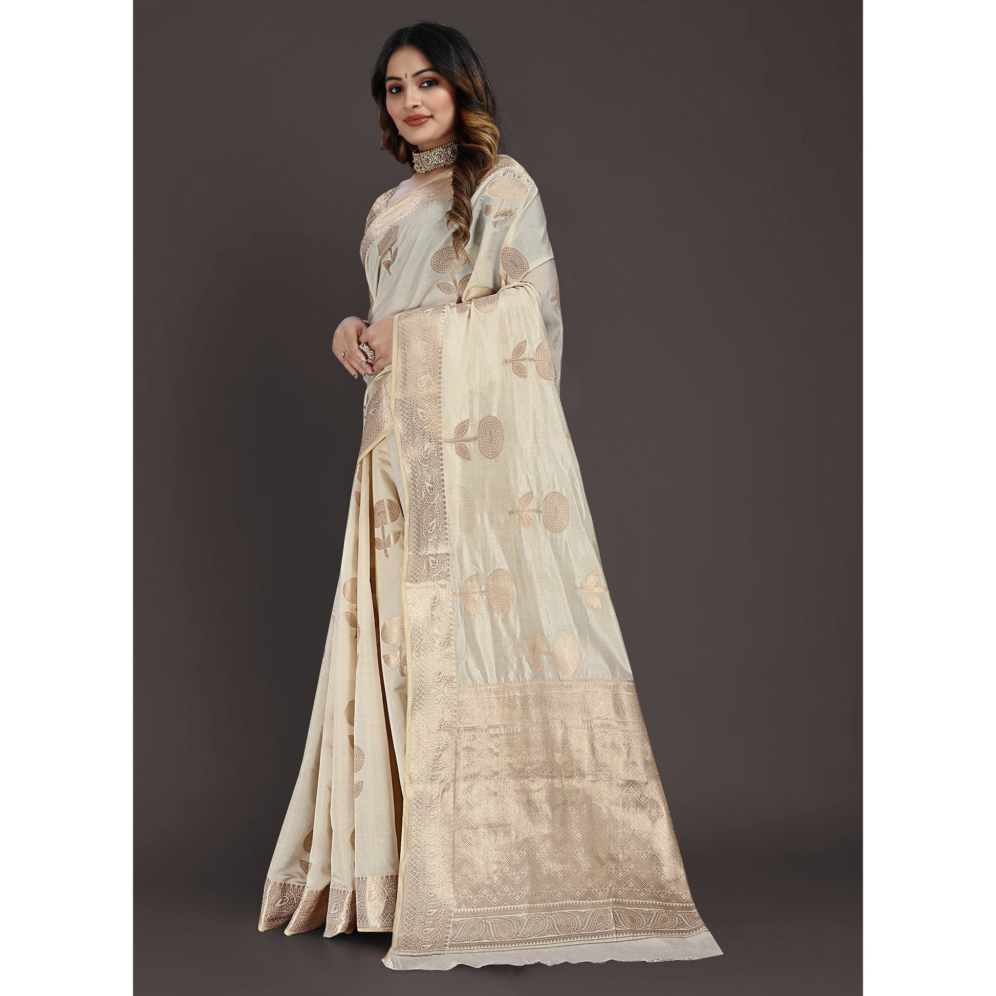 Cream Floral Woven Raw Silk Saree
