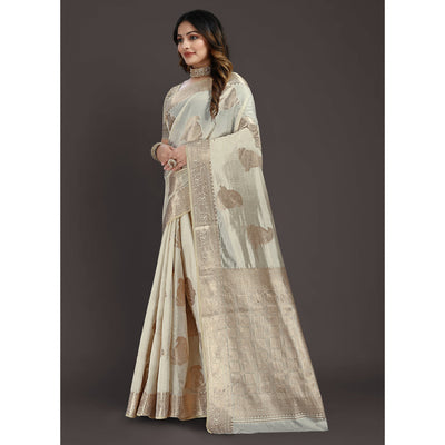 Cream Floral Woven Raw Silk Saree