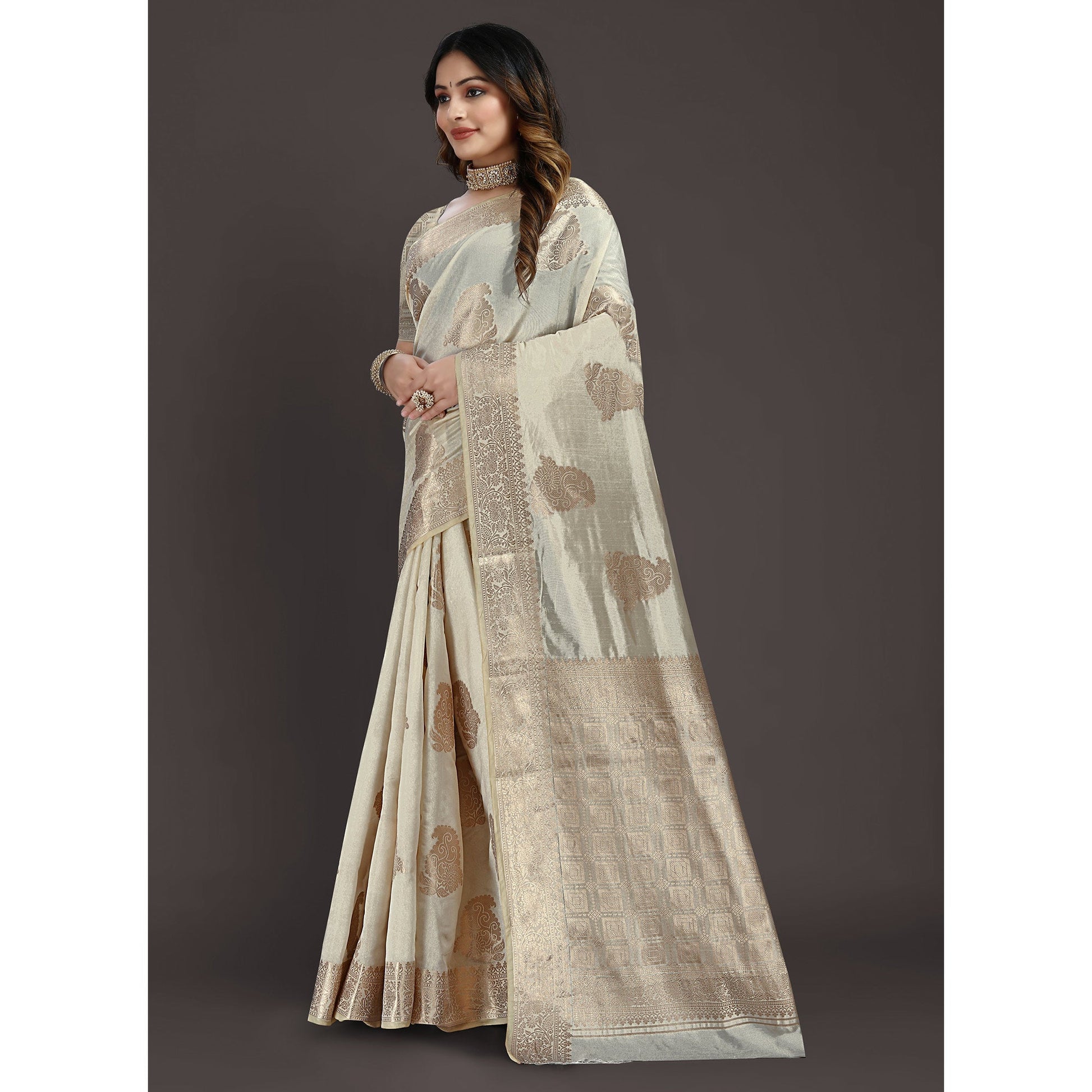 Cream Floral Woven Raw Silk Saree