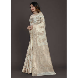 Cream Floral Woven Raw Silk Saree