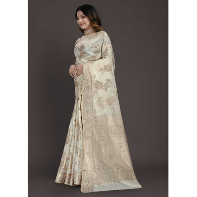 Cream Floral Woven Raw Silk Saree