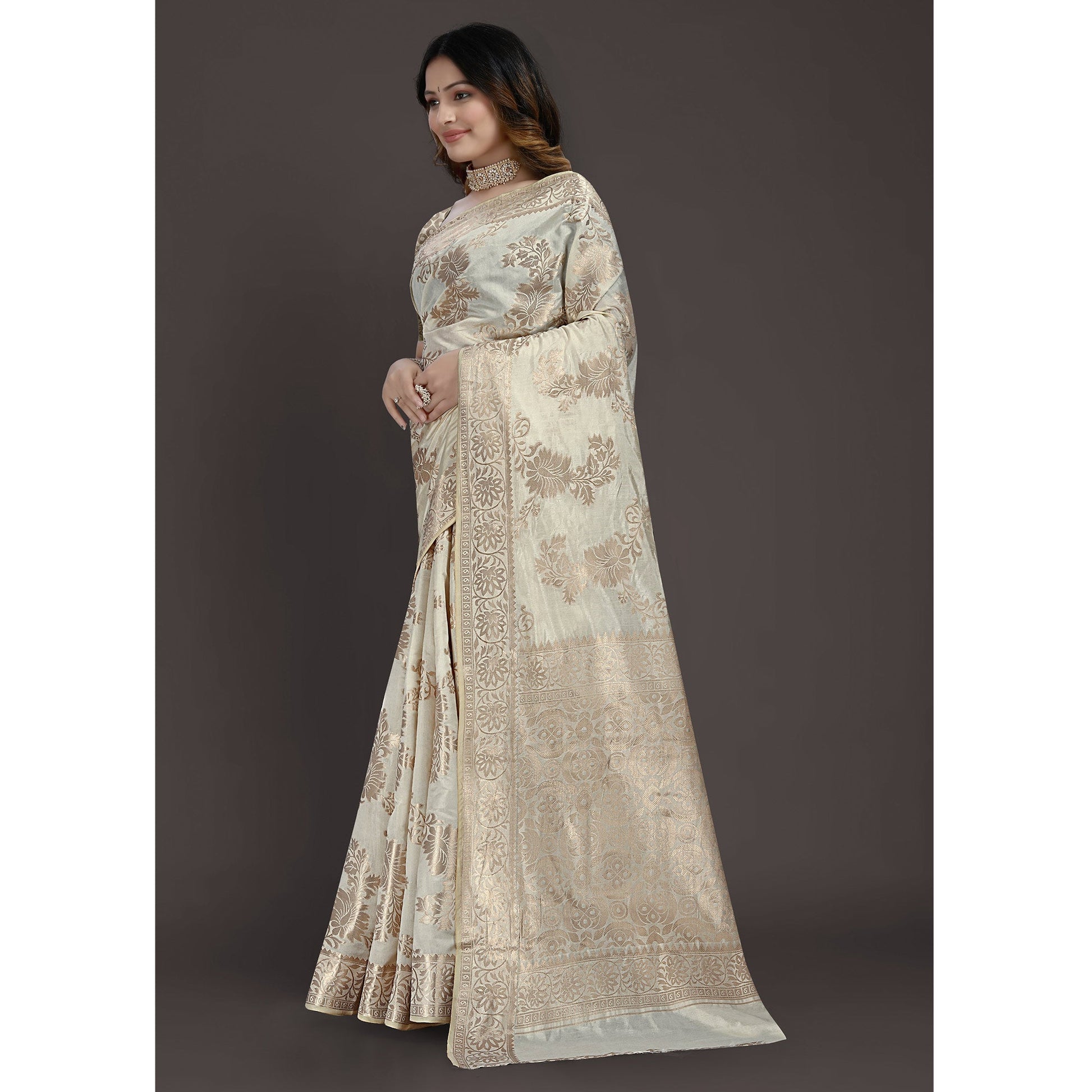 Cream Floral Woven Raw Silk Saree