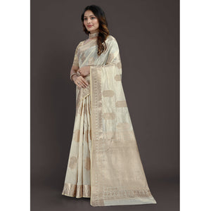 Cream Floral Woven Raw Silk Saree