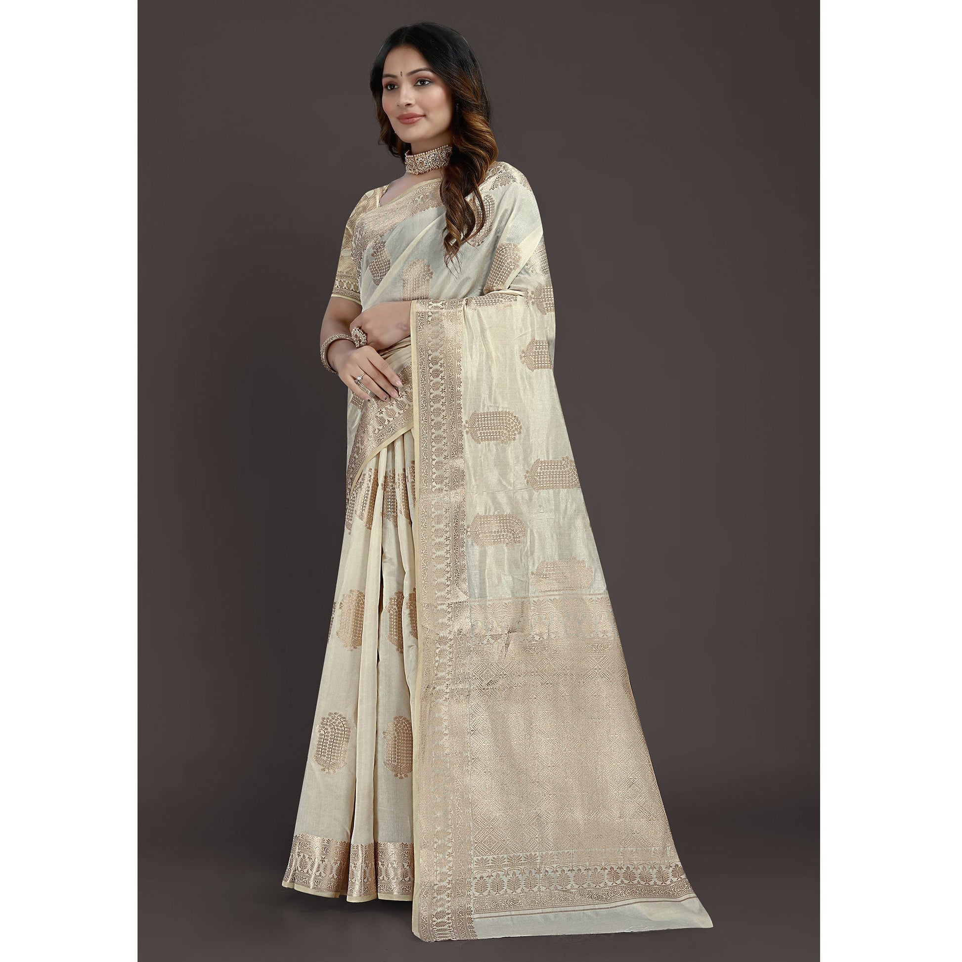 Cream Floral Woven Raw Silk Saree