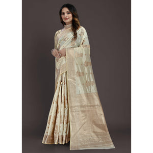 Cream Floral Woven Raw Silk Saree