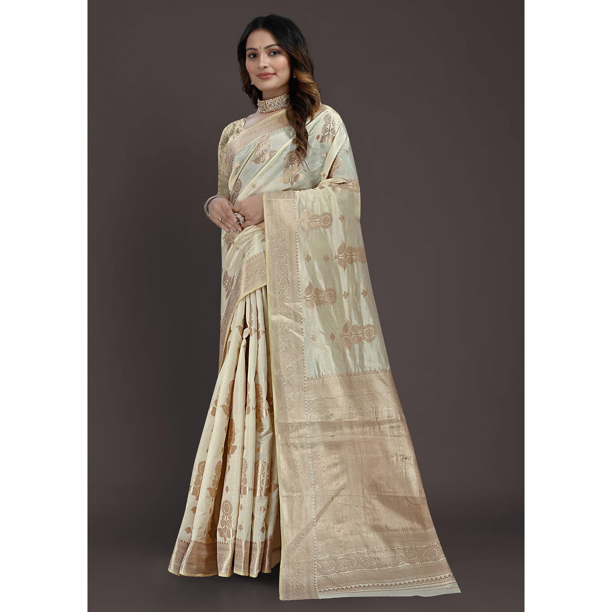 Cream Floral Woven Raw Silk Saree