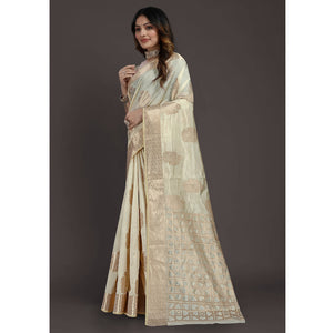Cream Floral Woven Raw Silk Saree