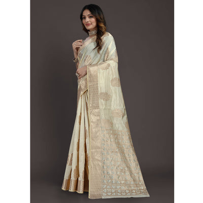 Cream Floral Woven Raw Silk Saree
