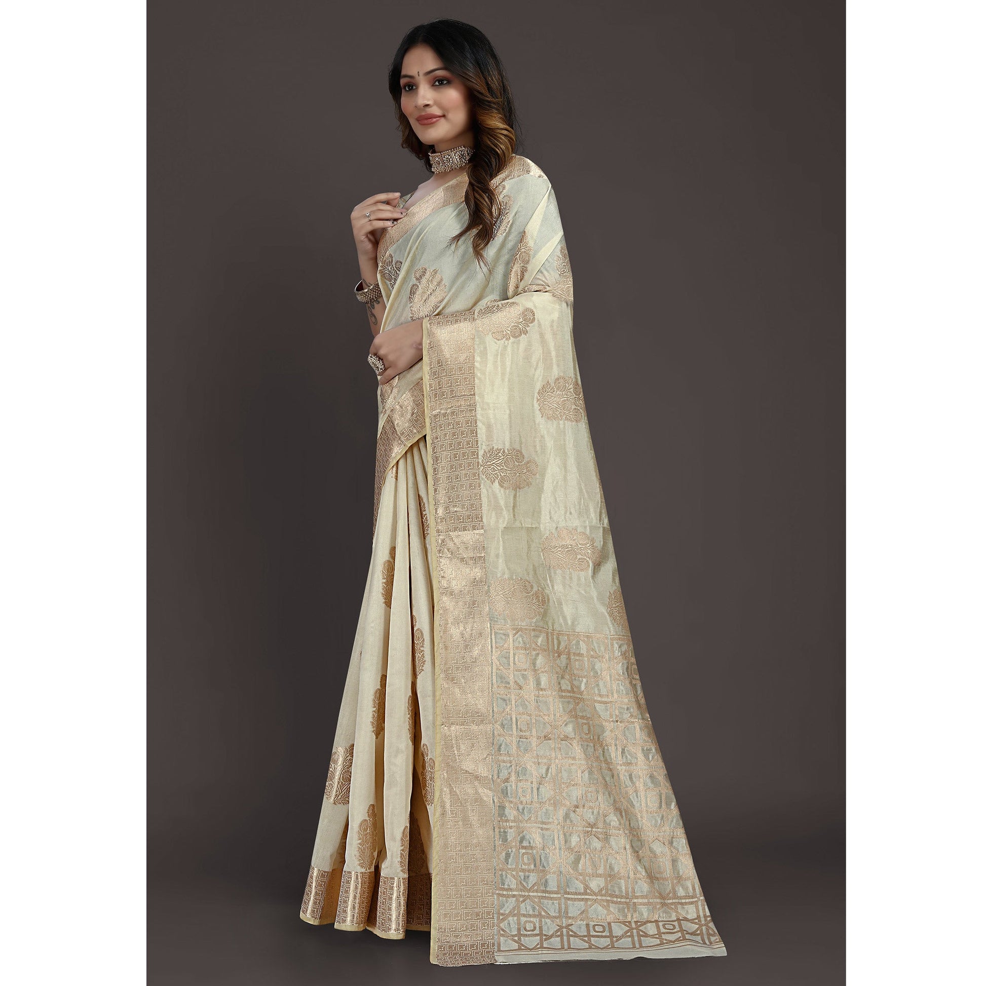 Cream Floral Woven Raw Silk Saree