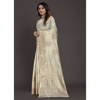 Cream Floral Woven Raw Silk Saree