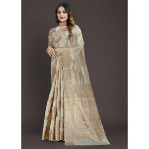 Cream Floral Woven Raw Silk Saree