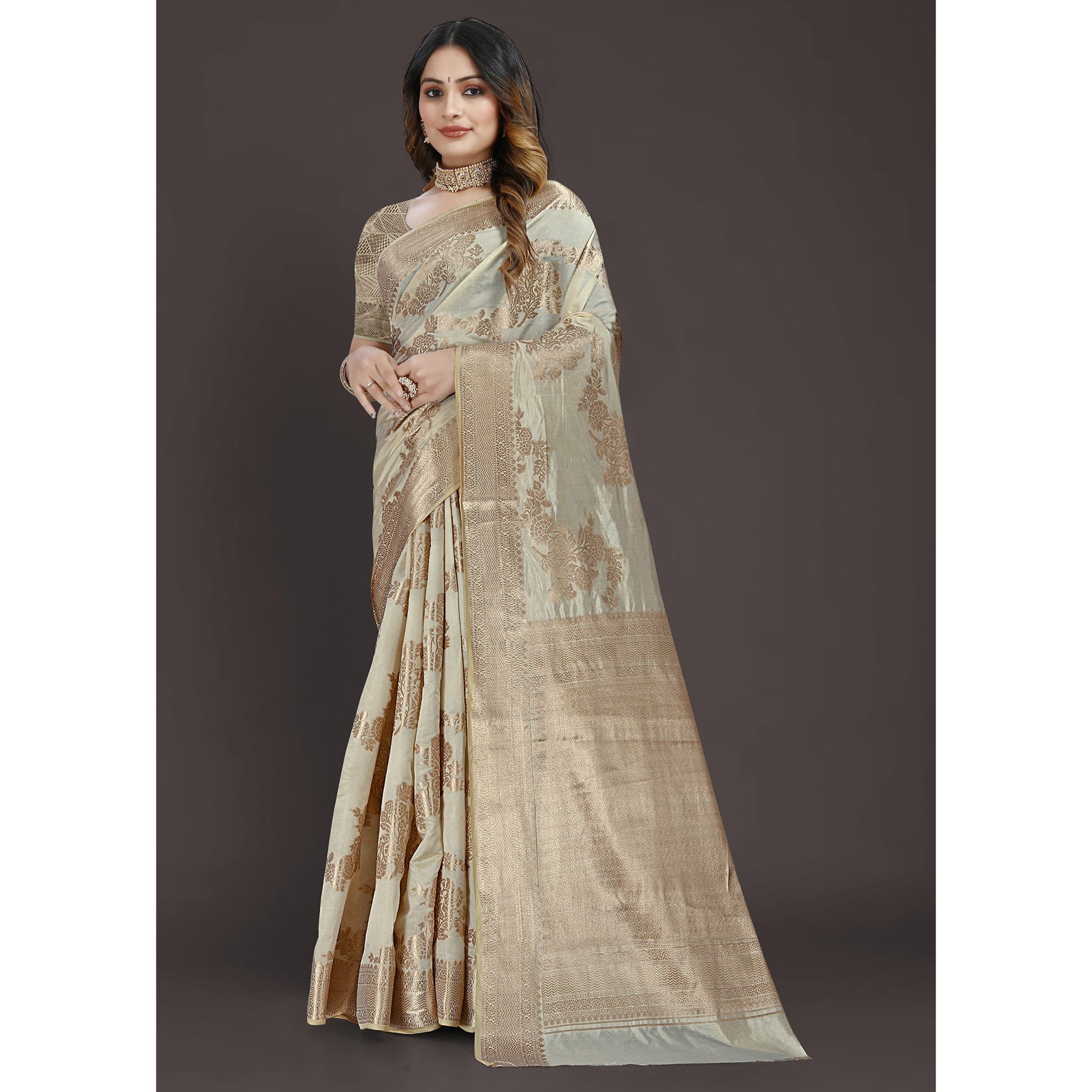 Cream Floral Woven Raw Silk Saree