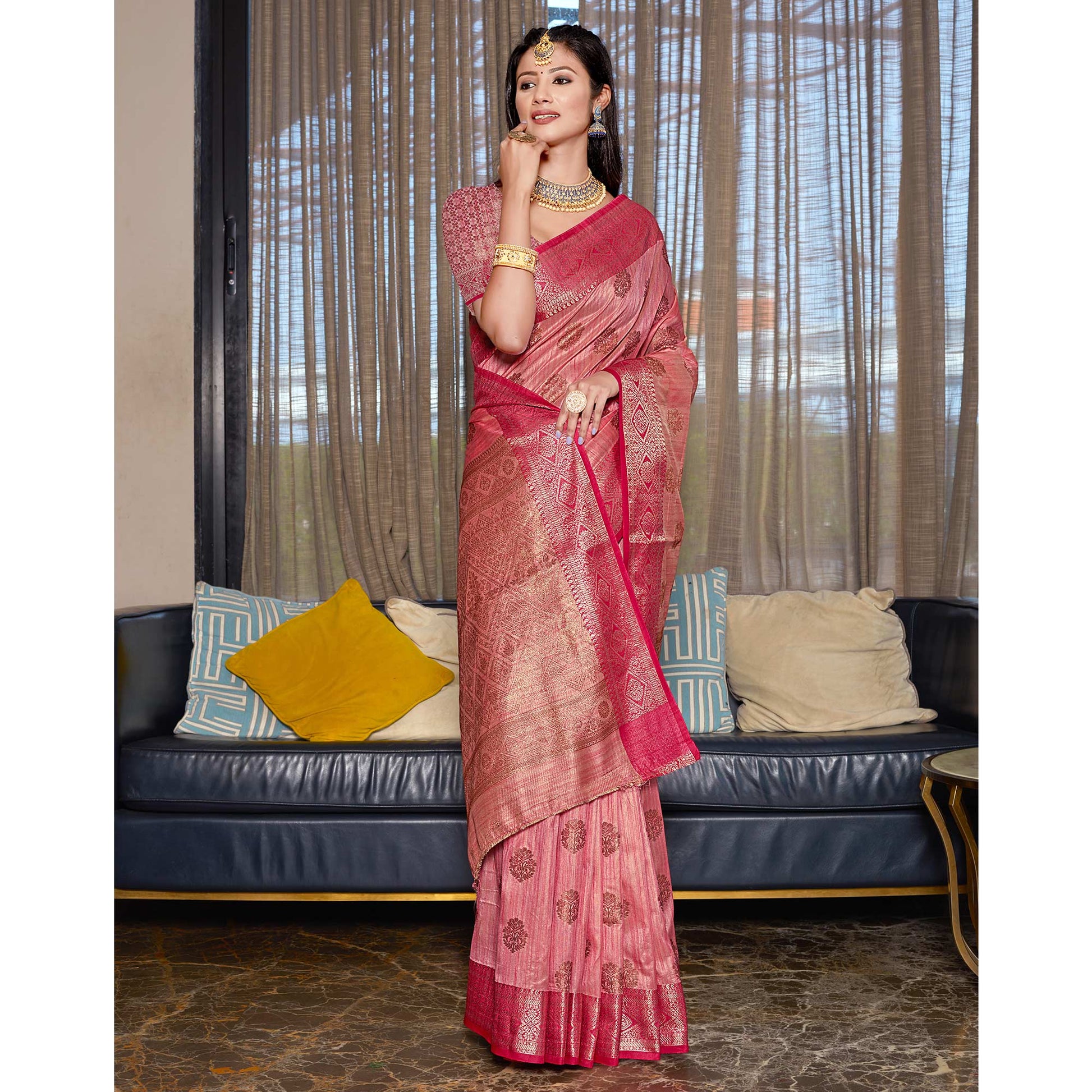 Gajari Pink Floral Woven Cotton Blend Saree