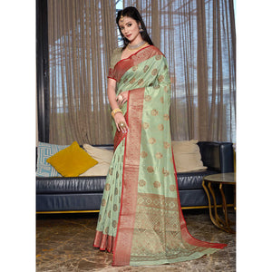 green-floral-woven-cotton-blend-saree