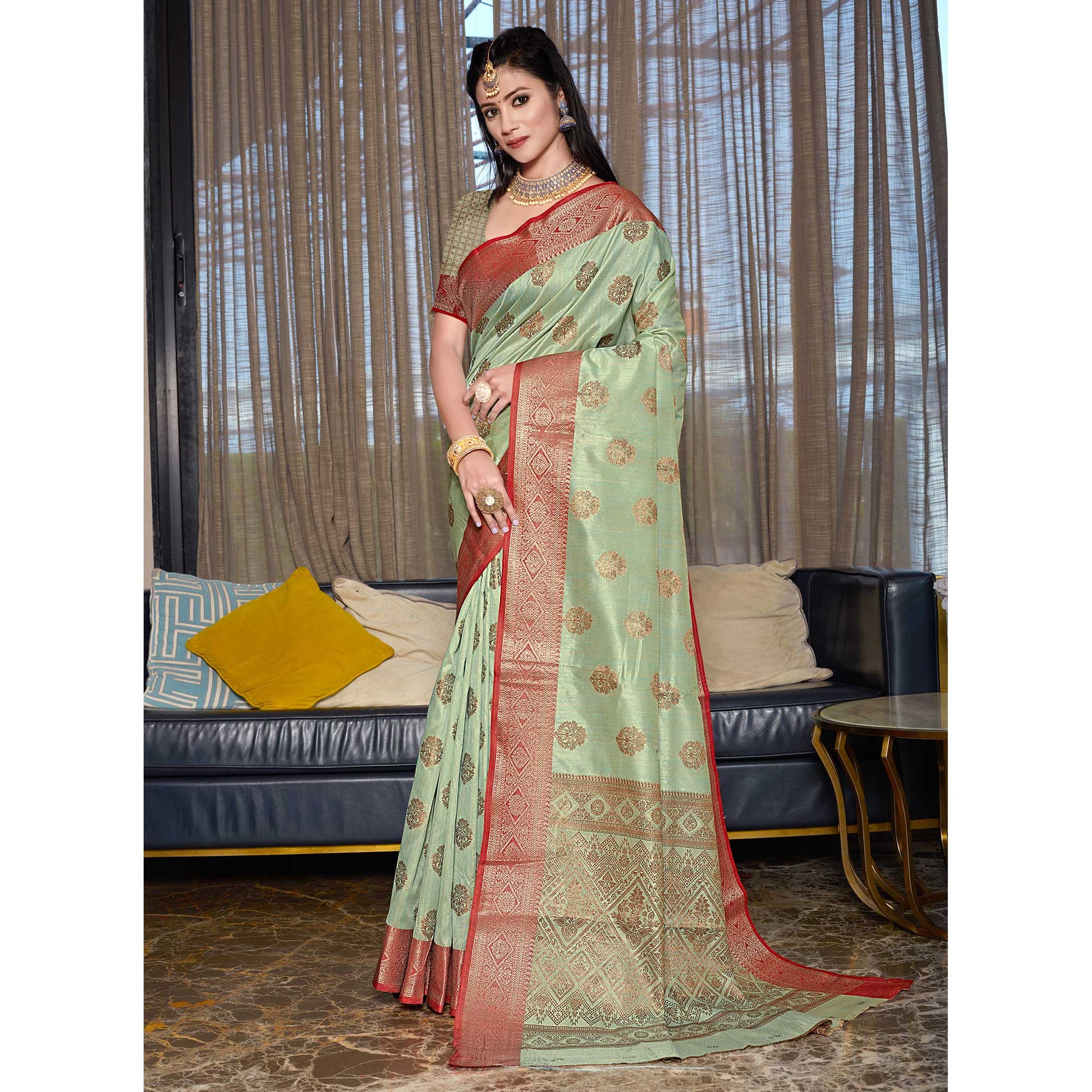 green-floral-woven-cotton-blend-saree