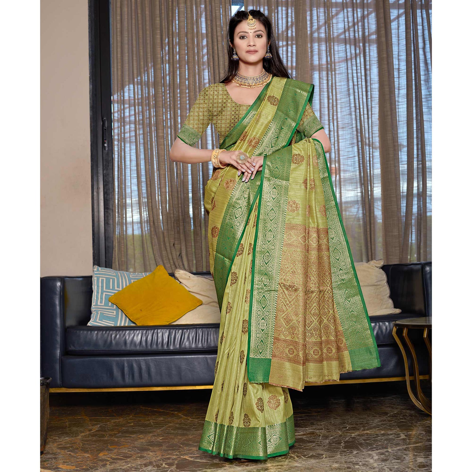 green-floral-woven-cotton-blend-saree-1