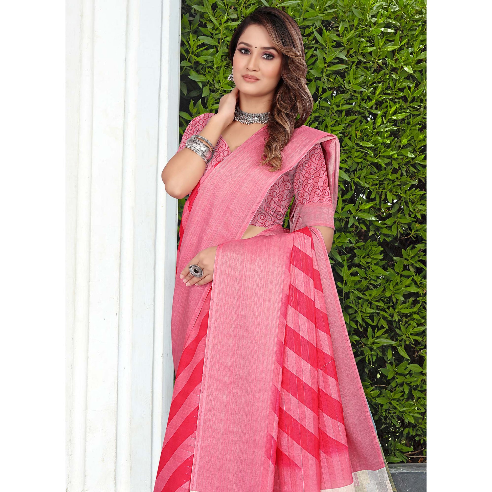 Gajri Pink Printed Pure Cotton Saree
