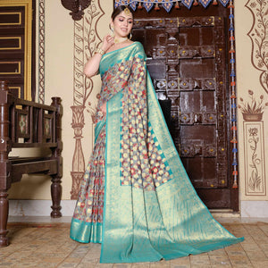 grey-turquoise-floral-printed-pure-cotton-saree