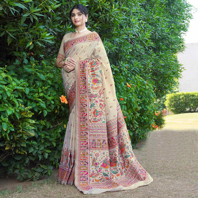 Cream Woven Pure Silk Saree