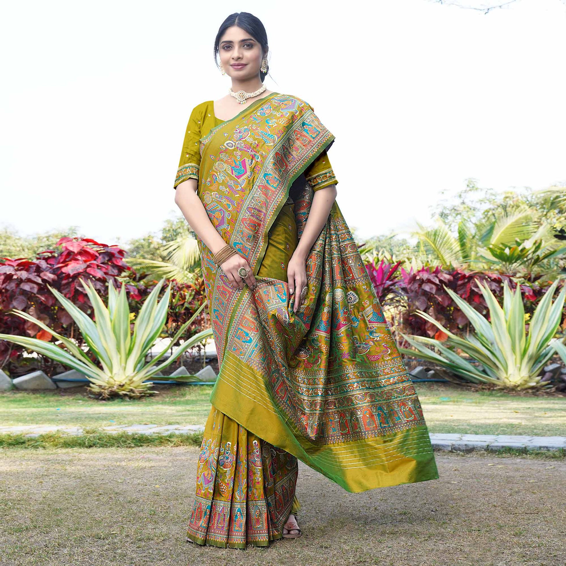 Lemon Green Woven Pure Silk Saree