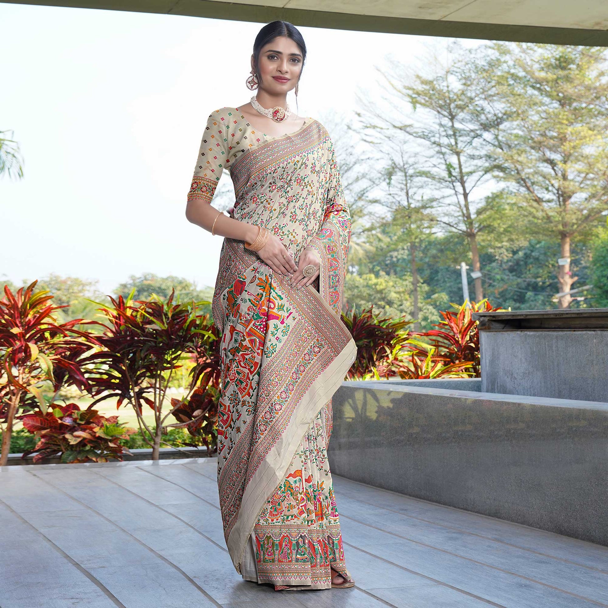 Cream Floral Purple Woven Pure Silk Saree