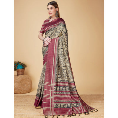 Chikoo & Maroon Printed Bhagalpuri Silk Saree With Tassels
