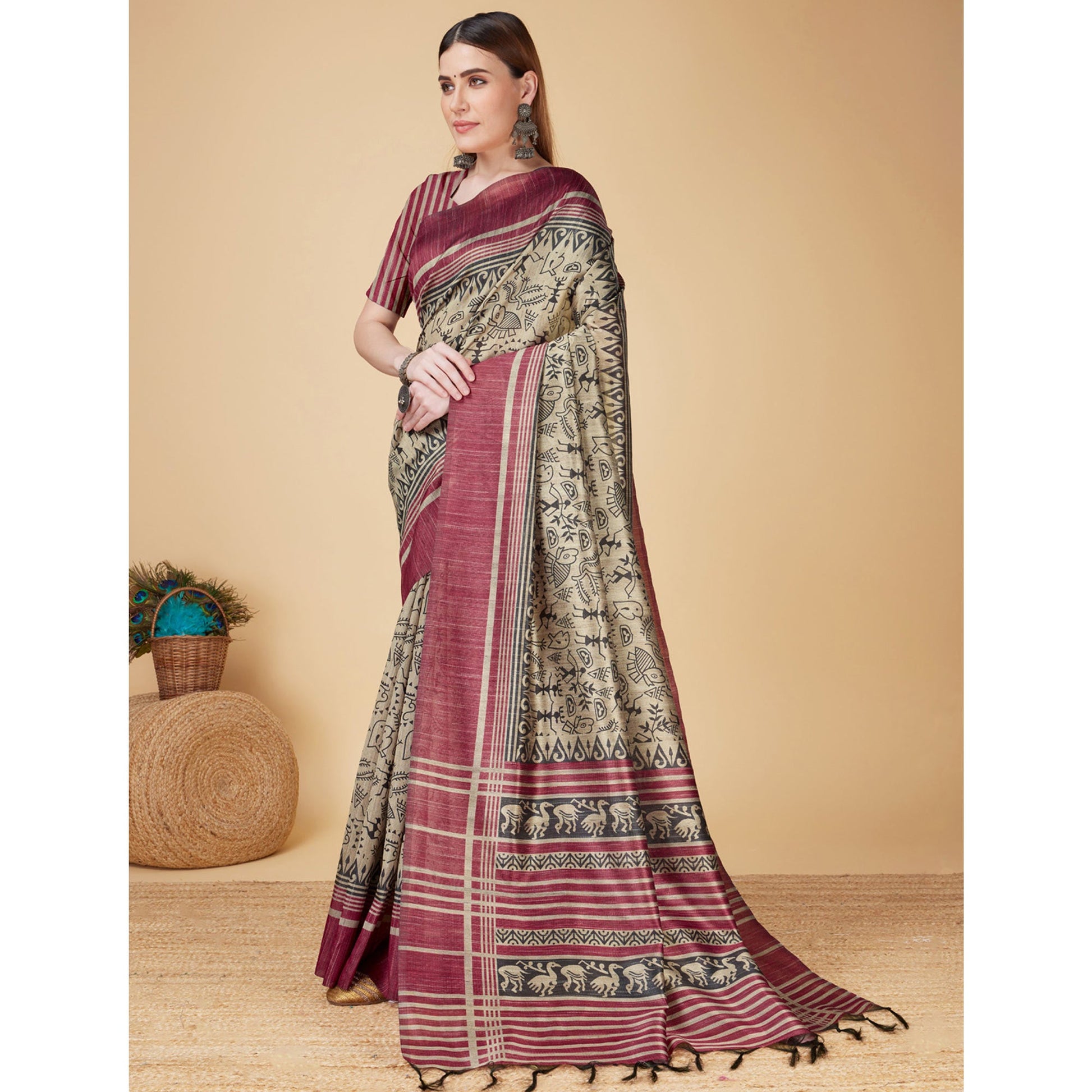 Chikoo & Maroon Printed Bhagalpuri Silk Saree With Tassels